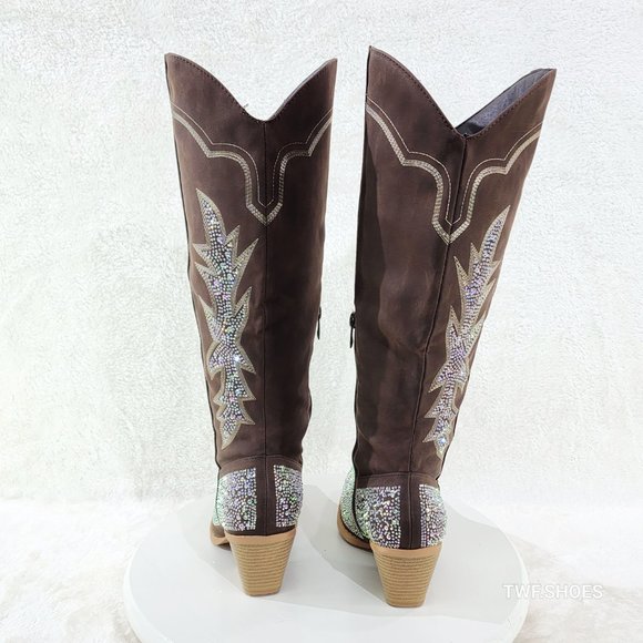 Crystal Dark Brown Multi Rhinestones Country Glam Western Cowgirl Knee Boots - Picture 14 of 17
